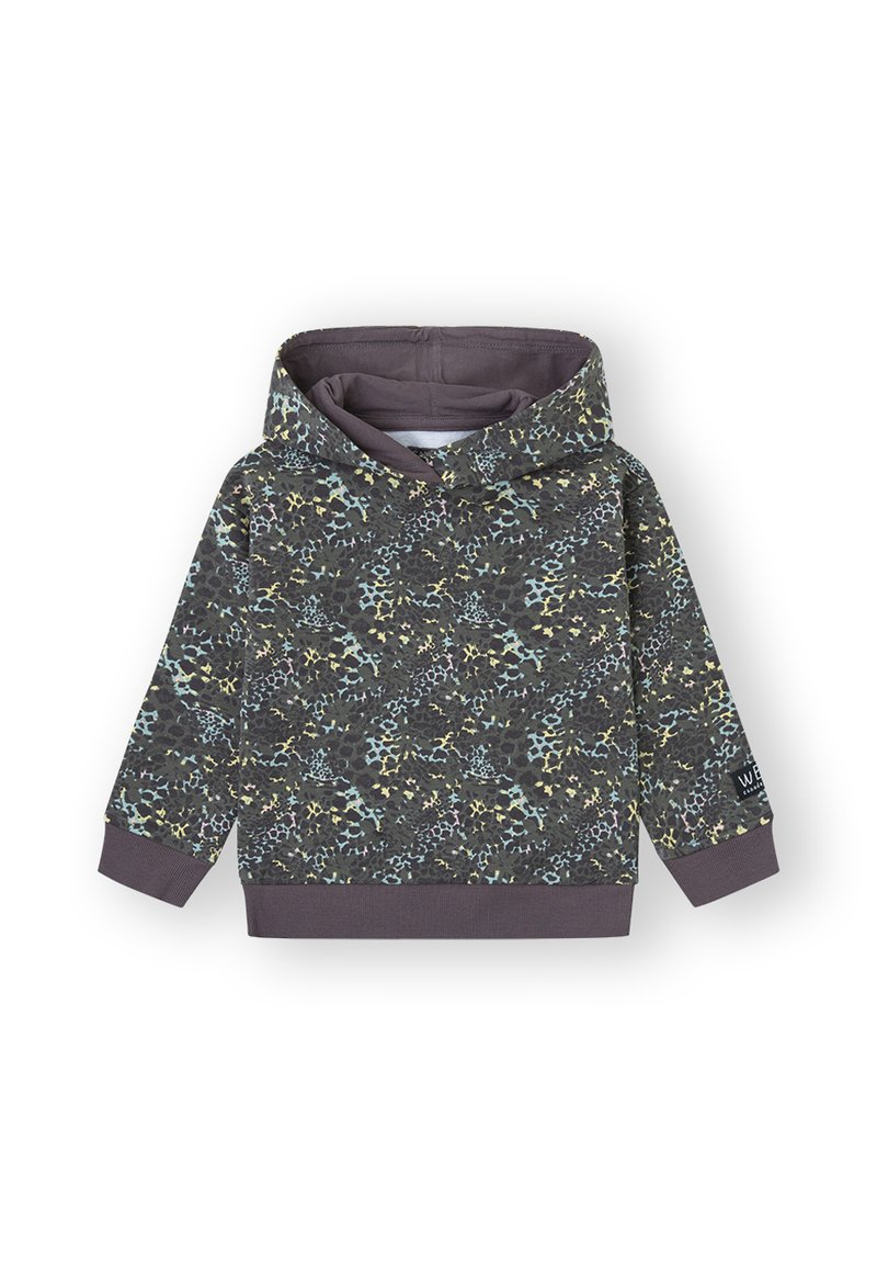 Sudadera con capucha para niños con un estampado abstracto de leopardo multicolor, puños y dobladillo acanalados, sobre un fondo blanco.