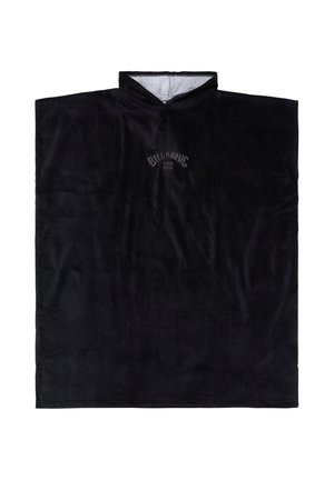 Czarny ręcznikowy ponczo z kapturem, krótkimi rękawami i nadrukowanym logo „Billabong” na piersi, wykonany z miękkiego, chłonnego materiału.
