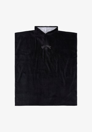 Schwarzer Kapuzen-Handtuchponcho mit kurzen Ärmeln und „Billabong“-Logo auf der Brust, aus weichem, saugfähigem Material.