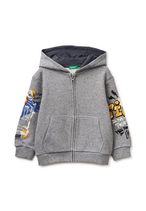 Felpa con cappuccio grigia con zip, cappuccio, tasca a marsupio sul davanti e testi grafici colorati e disegni su entrambe le maniche.
