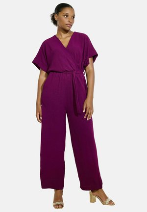 Paarse wikkel jumpsuit met korte mouwen, brede pijpen en een strikceintuur in de taille. Gemaakt van gestructureerde, lichtgewicht stof.