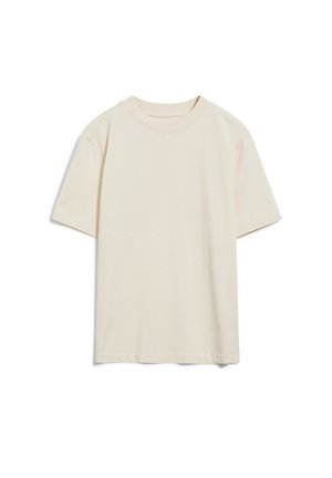 Beżowy bawełniany t-shirt z krótkim rękawem i okrągłym dekoltem, wyświetlony płasko na białym tle.