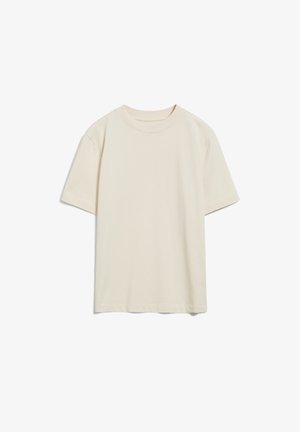 Beżowy bawełniany t-shirt z krótkim rękawem i okrągłym dekoltem, wyświetlony płasko na białym tle.