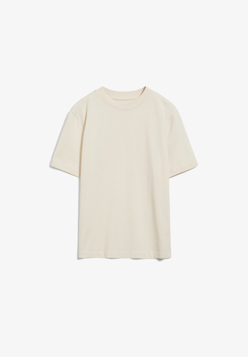 T-shirt beige en coton à manches courtes avec col rond, présenté à plat sur fond blanc.