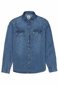 Blaues Denim-Hemd mit langen Ärmeln, einer Knopfleiste, zwei Brusttaschen und einem spitzen Kragen mit kontrastierenden Nähten.