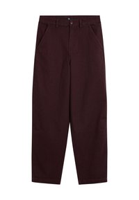 Bordowe bawełniane spodnie z fakturowanym wzorem, posiadające boczne kieszenie i prostą nogawkę, zakończone zapięciem na guzik.