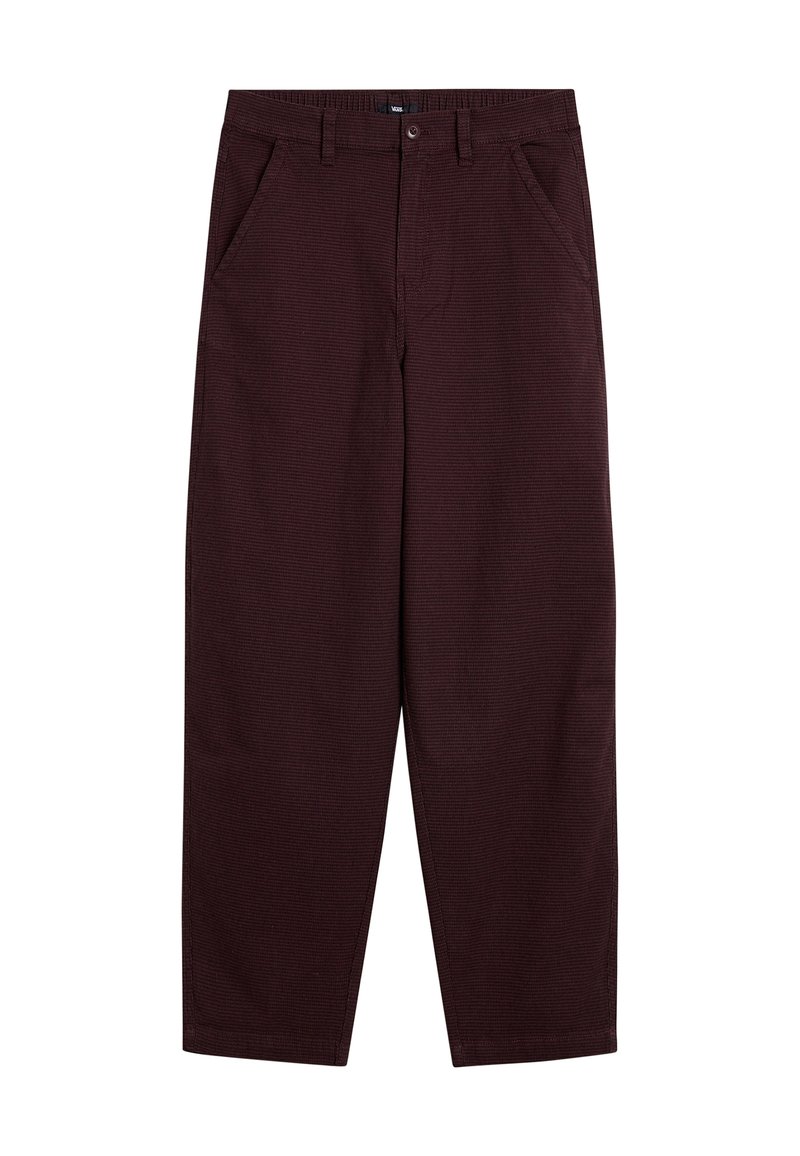 Bordowe bawełniane spodnie z fakturowanym wzorem, posiadające boczne kieszenie i prostą nogawkę, zakończone zapięciem na guzik.