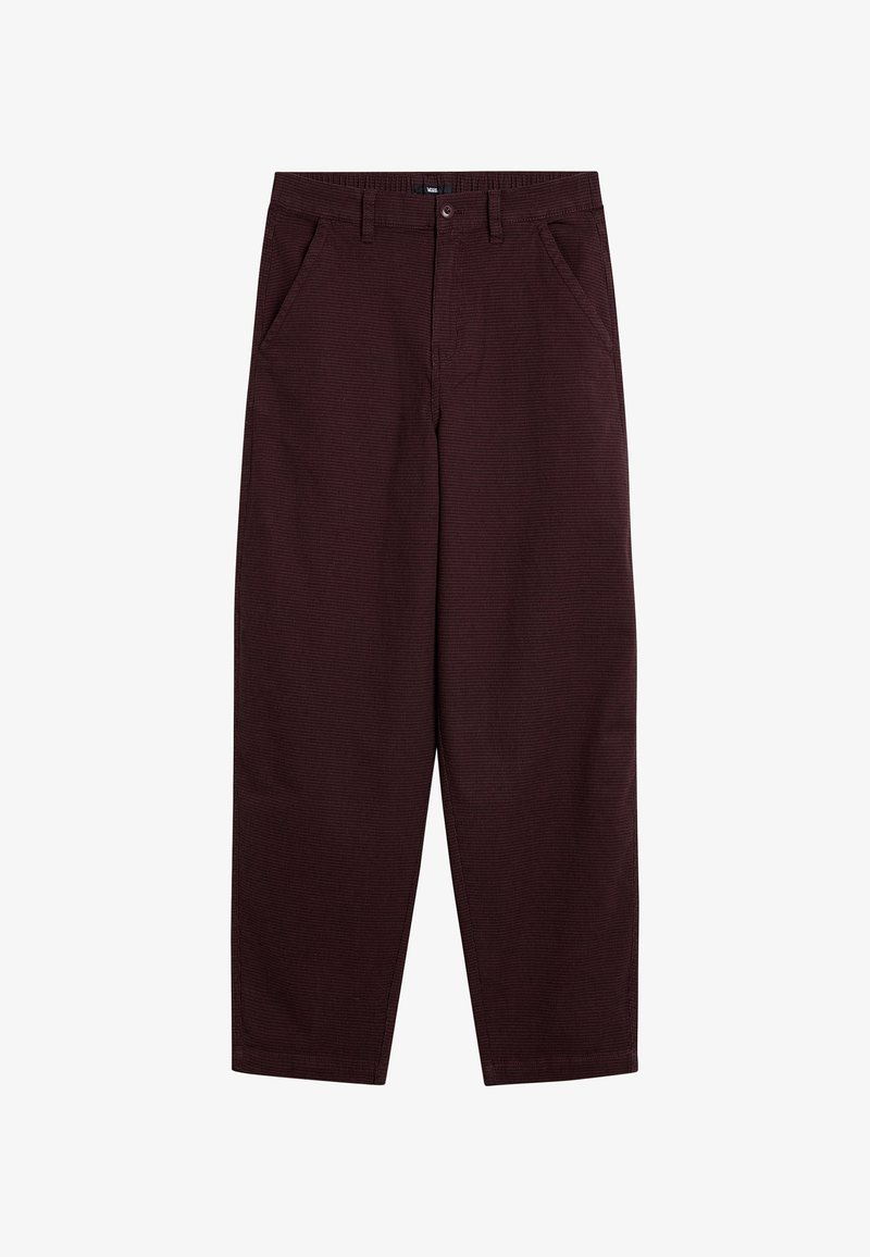 Bordowe bawełniane spodnie z fakturowanym wzorem, posiadające boczne kieszenie i prostą nogawkę, zakończone zapięciem na guzik.
