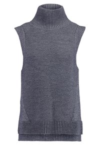Maglione senza maniche color grigio scuro con collo alto e motivo a maglia lavorata a rilievo, collo e orlo a coste. Presenta spacchi laterali per facilitare il movimento.