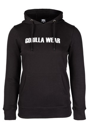 Zwarte hoodie van zachte stof, met een voorkantzak, geribbelde boorden en een witte logo "GORILLA WEAR" over de borst.