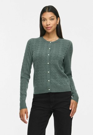 Mujer que lleva un cárdigan de punto con trenzas verde con botones de perlas y pantalones negros, de pie frente a un fondo blanco liso.