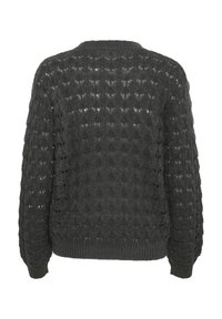 Maglione grigio lavorato a maglia con un motivo a pizzo aperto, colletto e polsini a coste. Vestibilità ampia con un aspetto texture.