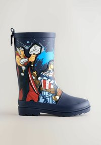 Botte de pluie bleu marine avec les super-héros Marvel Thor tenant son marteau et Captain America dans son costume rouge, blanc et bleu.