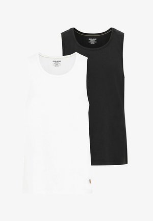 Canottiere in cotone senza maniche, in bianco e nero, con scollature rotonde. La canottiera nera si trova dietro quella bianca, con un piccolo logo in evidenza sull'orlo.