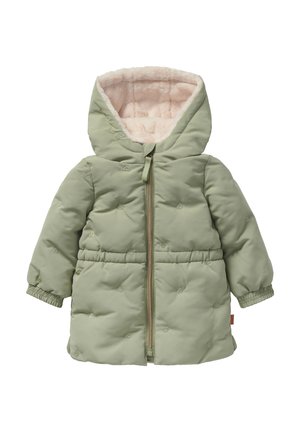 Hellgrüne Puffjacke mit Kapuze, ausgestattet mit einem weichen beigen Innenfutter, gestepptem Design, elastischen Bündchen und einem Reißverschluss auf der Vorderseite.