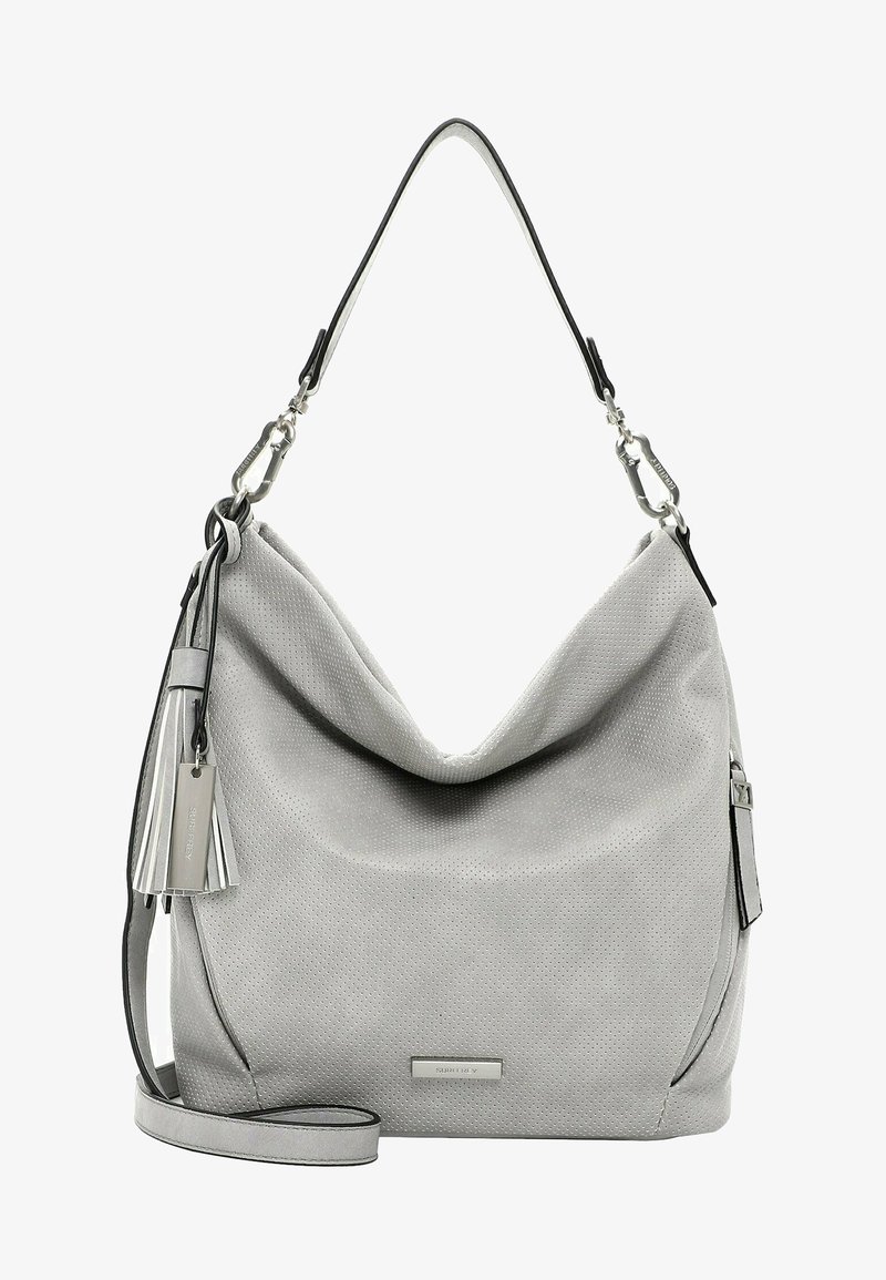 Sac d'épaule ample en suède gris avec texture perforée, quincaillerie argentée, décoration à pompons et bandoulière ajustable.