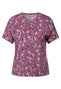 Top à col en V et manches courtes, dans un motif abstrait rose et bordeaux. Fabriqué à partir d'un tissu doux avec une coupe décontractée et une texture subtile.