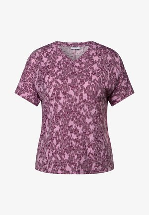 Top de manga corta con escote en V en un patrón abstracto de color rosa y burdeos. Fabricado con un tejido suave, tiene un corte holgado y una textura sutil.