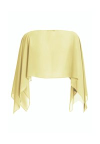 Tissu transparent jaune clair drapé de manière asymétrique, avec des extrémités pointues plus longues pendantes de chaque côté.
