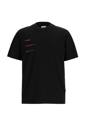 Schwarzes Baumwoll-T-Shirt mit kurzen Ärmeln, runder Halslinie und rotem Drucktext auf der Vorderseite. Lässige Passform mit minimalistischem Design.