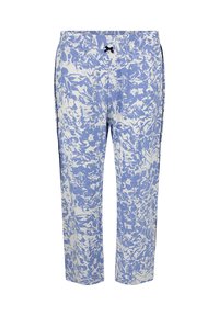 Blauw-witte gestreepte broek met een elastische tailleband, koord en zwarte zijstrepen. Gemaakt van lichte stof.