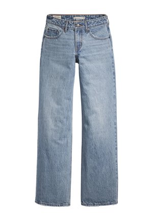 Jeans de mezclilla de tiro alto, de pierna ancha y color azul claro, que cuentan con un diseño de cinco bolsillos y un leve desgastado para dar textura.