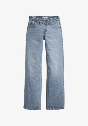 Lichtblauwe wijde jeans van denim, met een hoge taille, een vijfvak ontwerp en subtiele vervaging voor textuur.