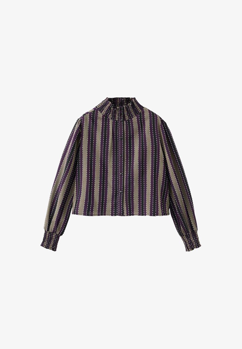 Bluză cu nasturi, în dungi violet, verde și alb. Dispune de un guler înalt smockat și manșete elasticizate. Țesătură netedă cu o croială structurat.