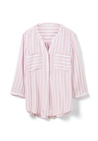 Blusa a righe rosa chiaro con maniche a tre quarti, due tasche sul petto e scollo a V. Realizzata in tessuto morbido e leggero.