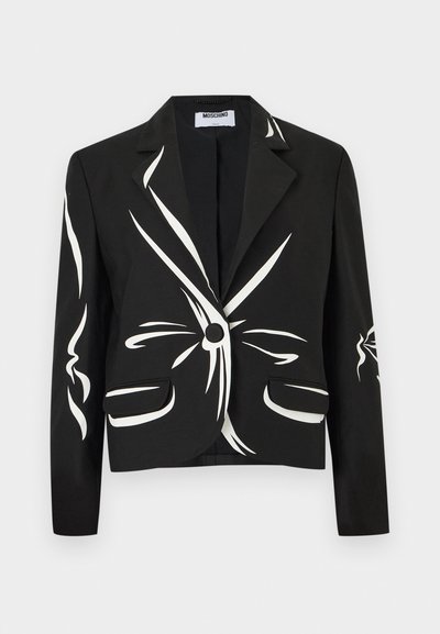 Μαύρο tailored σακάκι με λευκά αφηρημένα μοτίβα βουρτσισμάτων, κλείσιμο με ένα κουμπί, γιακάδες με σχισμές και εμπρόσθιες τσέπες με καπάκι.