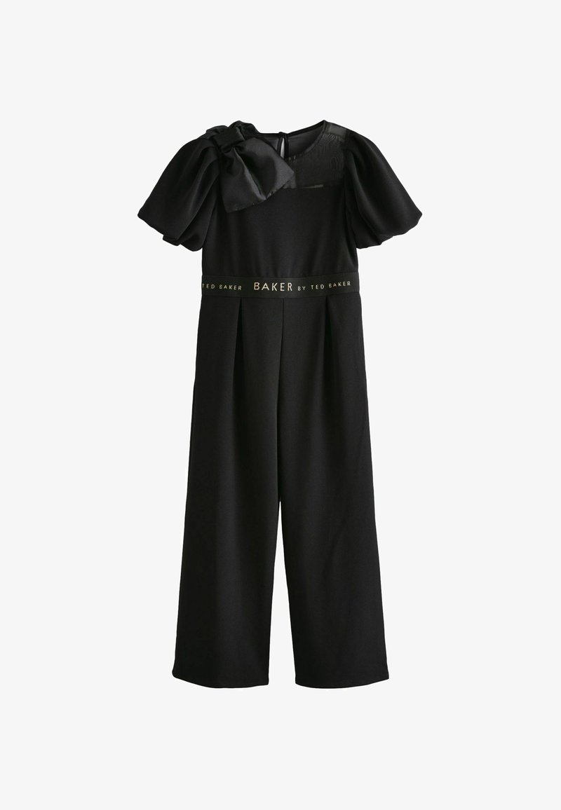 Fekete overál rövid puffos ujjal, egy vállon masnis részlettel, pliszírozott elejével és arany logós derékpánttal. Simább szövettextúra.