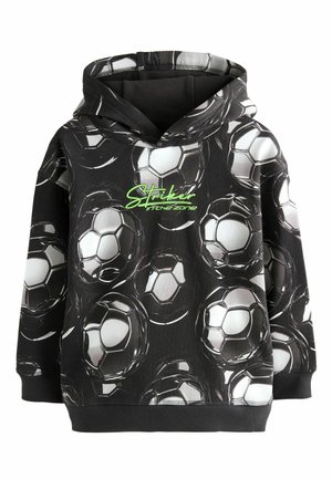 Sweatshirt à capuche noir avec un motif répétitif de ballons de football en blanc et gris, avec "Striker in the zone" imprimé en vert néon.