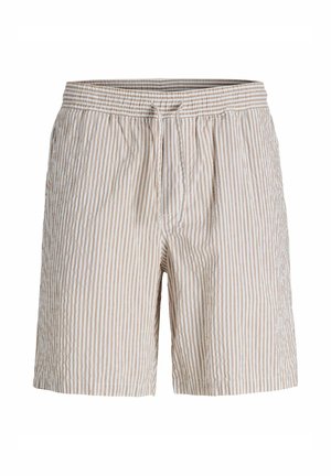 Beige und weiße vertikal gestreifte Shorts mit elastischem Bund und Kordelzug, legere, leichte Stoffqualität.
