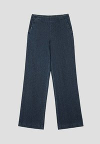 Pantalons bleu marine à jambes larges avec des rayures verticales, ceinture élastique et détails de boutons décoratifs près des poches. Fabriqués à partir d'un tissu texturé.