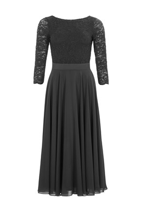 Black dress with lace three-quarter sleeves, a fitted lace bodice, and a flowing chiffon skirt that extends to the ankles.