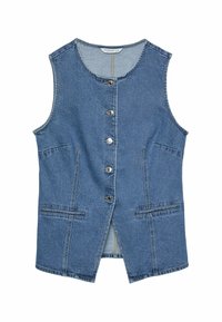 Jeansweste in Hellblau mit rundem Ausschnitt, fünf silbernen Knöpfen, zwei Vordertaschen und offenen Seiten für Belüftung. Glatte Textur.