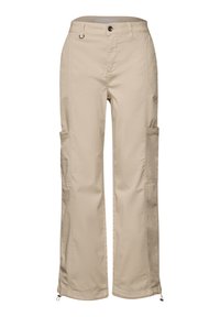 Béžové cargo kalhoty s rovnými nohavicemi, bočními kapsami, zapínáním na knoflík a nastavitelnými lemy na kotnících. Vyrobené z odolného materiálu.