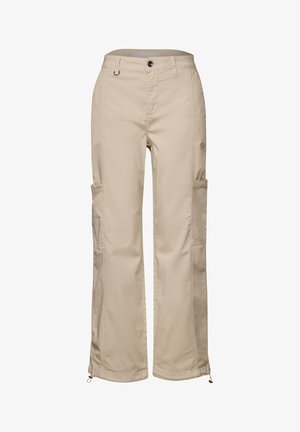 Pantalons cargo beiges à coupe droite, dotés de poches latérales, d'une fermeture à bouton et d'ourlets ajustables aux chevilles. Fabriqués en tissu durable.