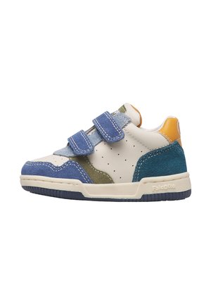 Child's casual sneaker with blue, green, white, and yellow panels, two blue hook-and-loop straps, and a textured rubber sole.