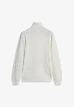Witte textuur turtleneck sweater met geribbelde manchetten en zoom. Kenmerkt een subtiel patroon door de stof voor extra diepte.