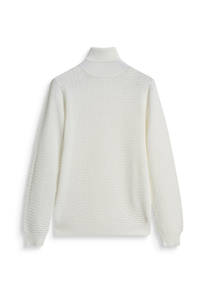 Maglione a collo alto bianco con texture, con polsini e bordo a costine. Presenta un motivo sottile su tutta la stoffa per una maggiore dimensione.