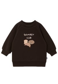Brown sweatshirt with raglan sleeves, ribbed neckline, and cuffs. Features a graphic design with pastries and the text "GOURMET CLUB."