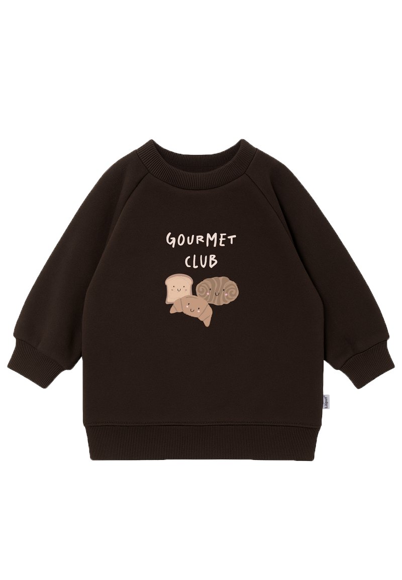 Brown sweatshirt with raglan sleeves, ribbed neckline, and cuffs. Features a graphic design with pastries and the text "GOURMET CLUB."