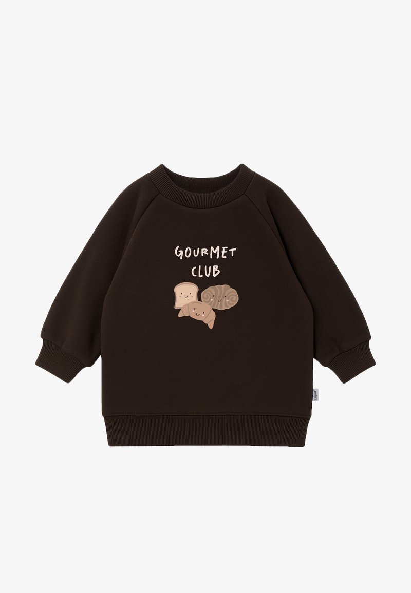 Brown sweatshirt with raglan sleeves, ribbed neckline, and cuffs. Features a graphic design with pastries and the text "GOURMET CLUB."