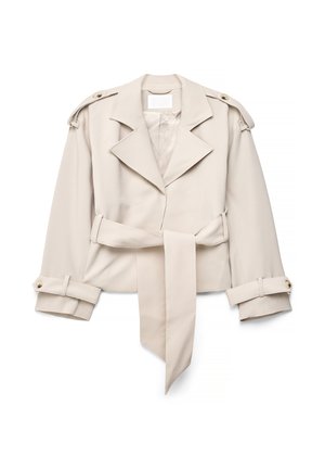 Beige cropet trenchcoat med brede revers, knappede skulderklaffer, langt bindebælte og justerbare ærmekanter med knapper.