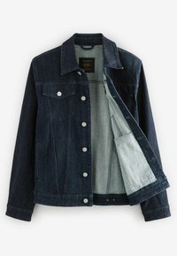 Dark blue denim jacket with button closure, flap chest pockets, and partially open front showing light gray interior lining.