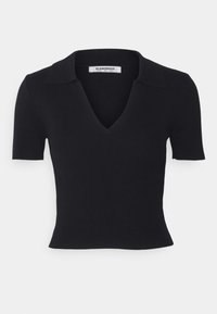 Top preto de malha com mangas curtas, decote em V e colarinho dobrado. Textura suave com uma silhueta ajustada. Etiqueta da marca: Glamorous.