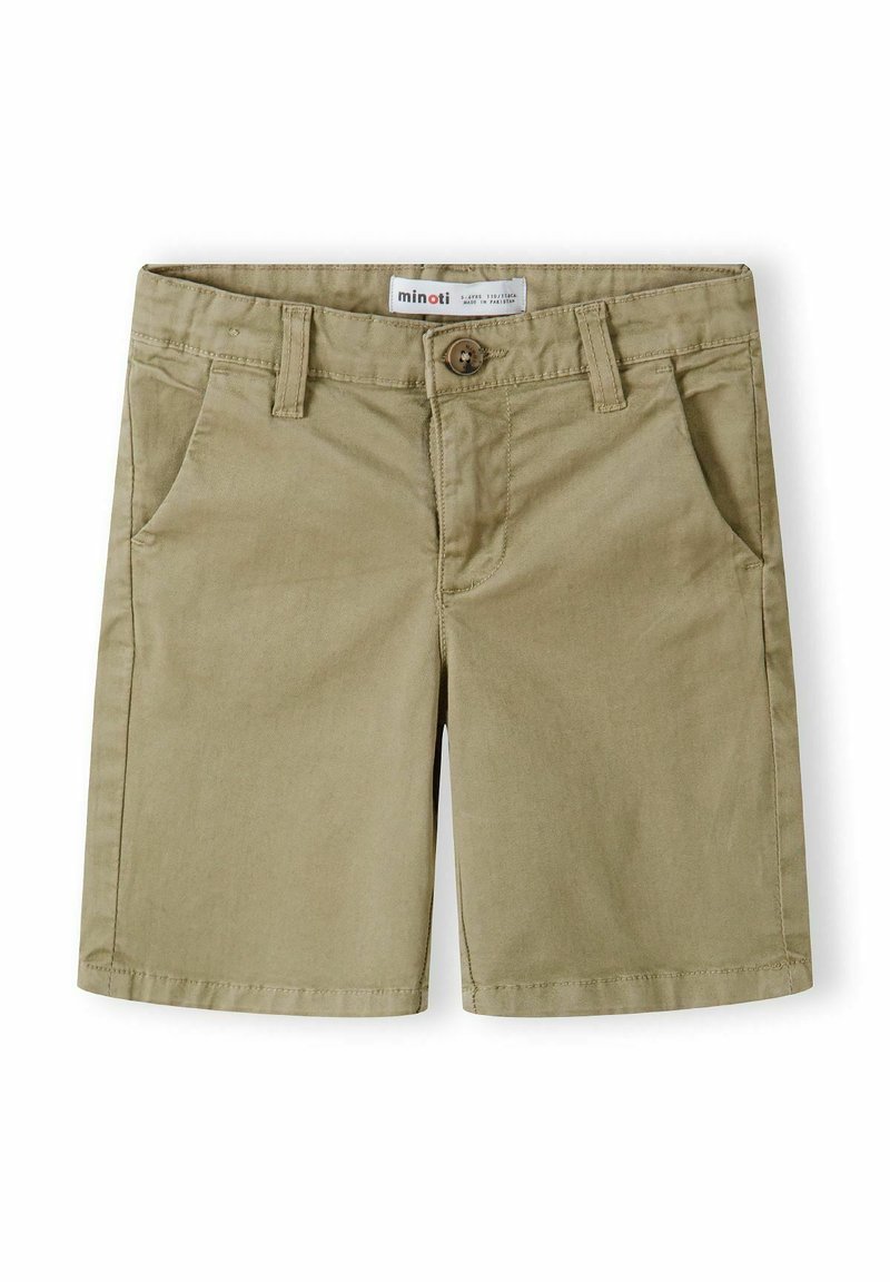 Bermuda khaki in cotone, con chiusura a bottone, tasche frontali e taglio dritto. Texture liscia con un design classico.