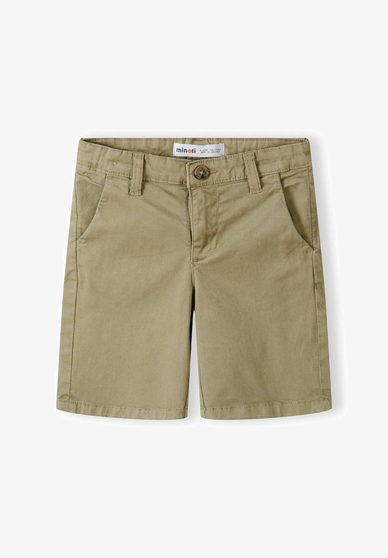 Bermuda khaki in cotone, con chiusura a bottone, tasche frontali e taglio dritto. Texture liscia con un design classico.