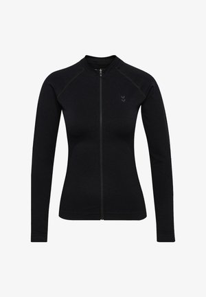 Schwarze, taillierte Jacke mit langen Ärmeln, Frontreißverschluss und dezentem Logo auf der linken Brust, ausgestattet mit rundem Kragen und gerippten Bündchen.